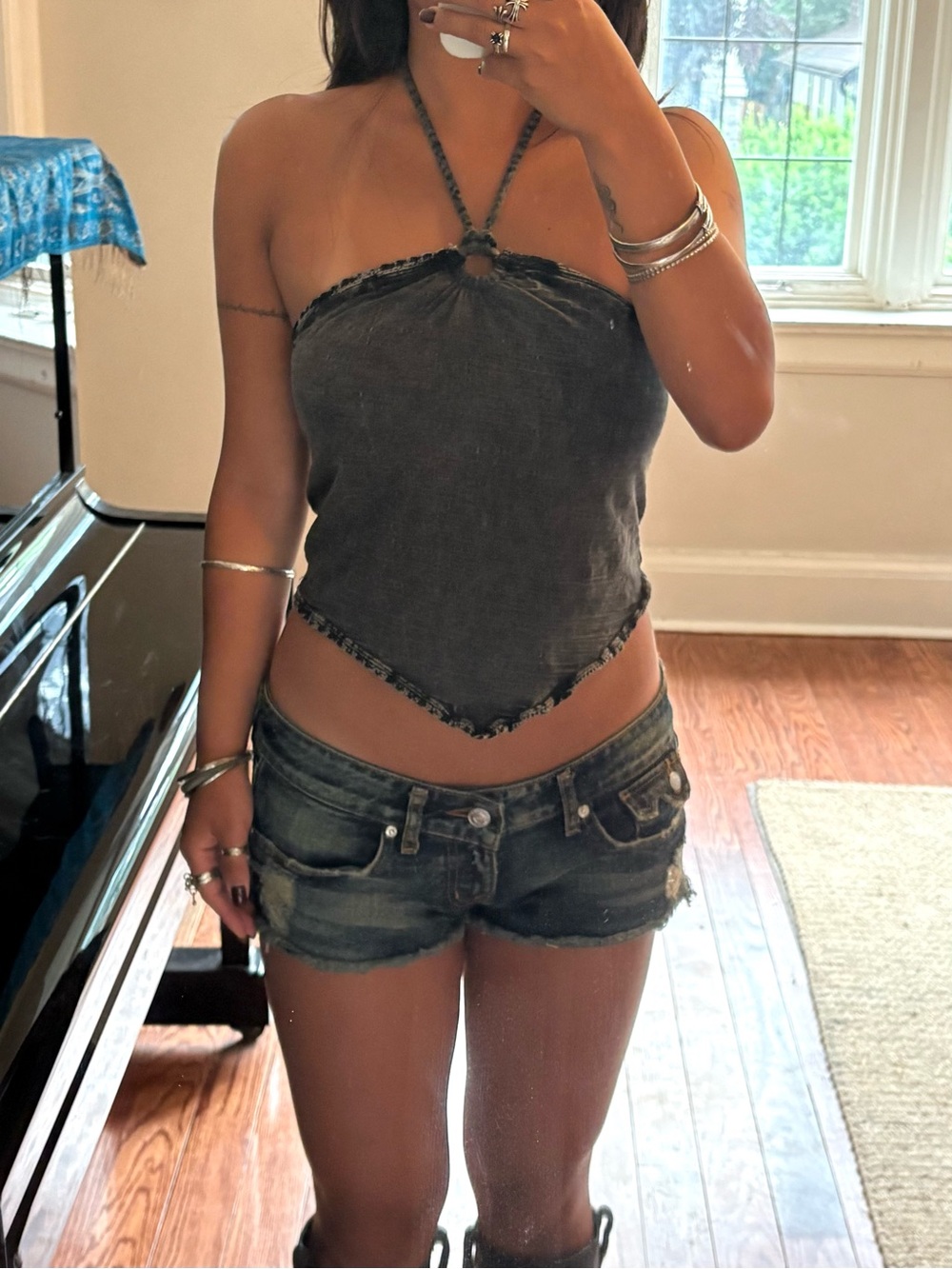 Urban Outfitters Kimchi Blue Washed Black Halter Tie Back Triangle Top
